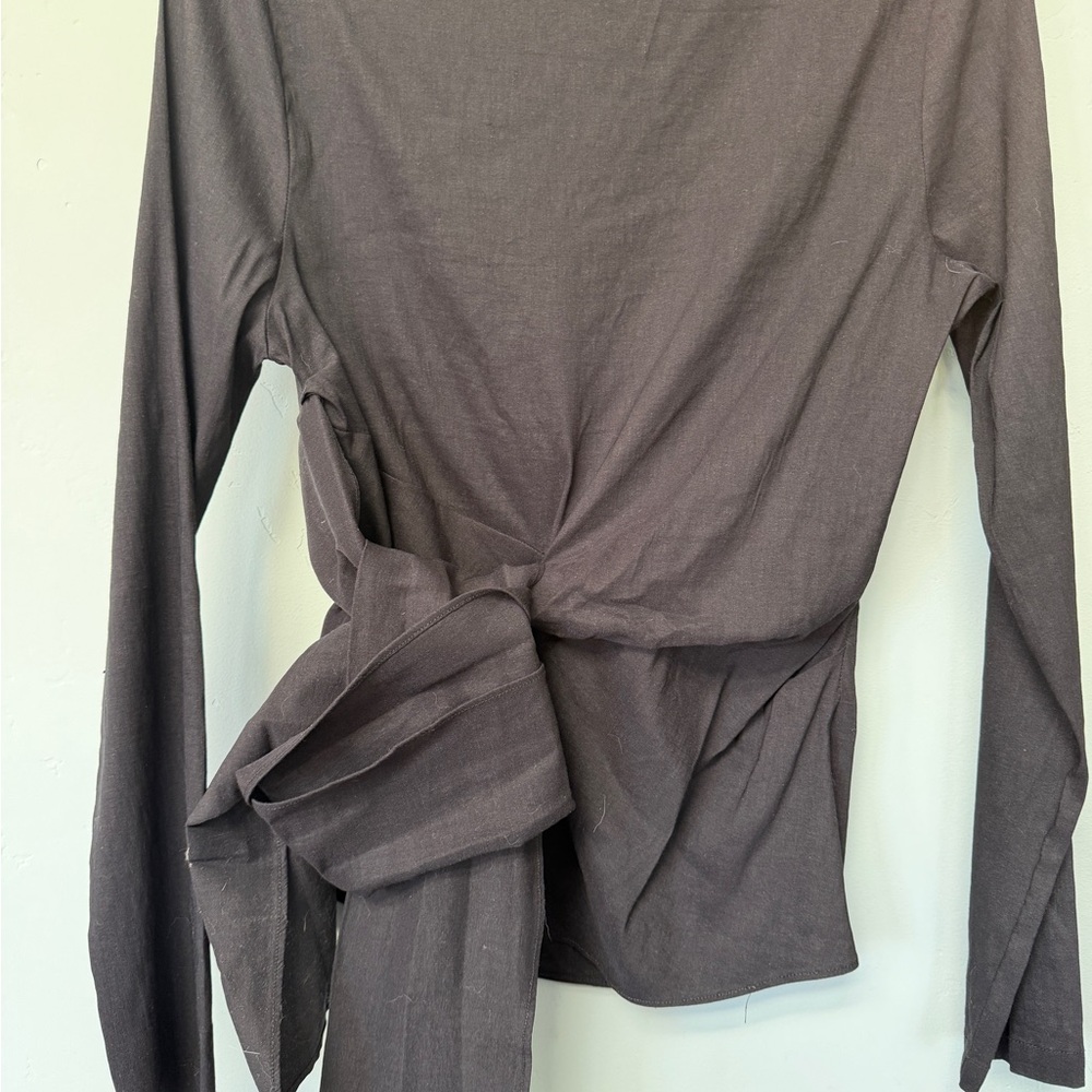 Zara Charcoal Boat Neck Tie Waist Long Sleeve Women's Top | Size Large - Picture 2 of 4